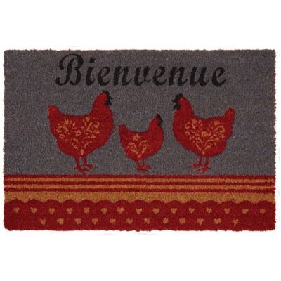 Gray and red doormat with 3 hens-NPA2000