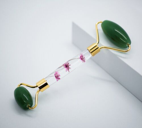 Facial roller with flower handle Green Aventurine