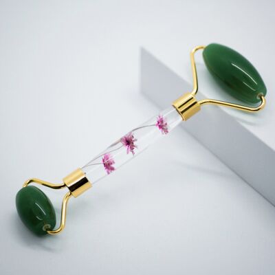 Facial roller with flower handle Green Aventurine