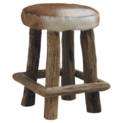 Stool in recycled teak and goatskin-NTB1470C