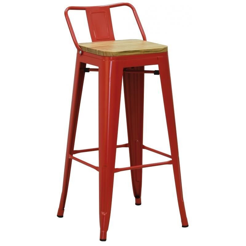 Sgabello bar in metallo rosso e legno olmo oliato-NTB2420