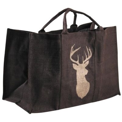 Brown plasticized jute log bag with deer-SBU1180
