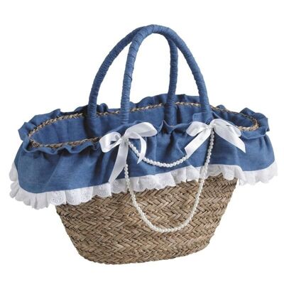 Bolso junco azul con puntilla y perlas-SFA2360C