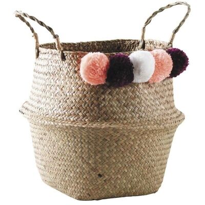 Ball basket in natural rush with pompoms-SFA2830