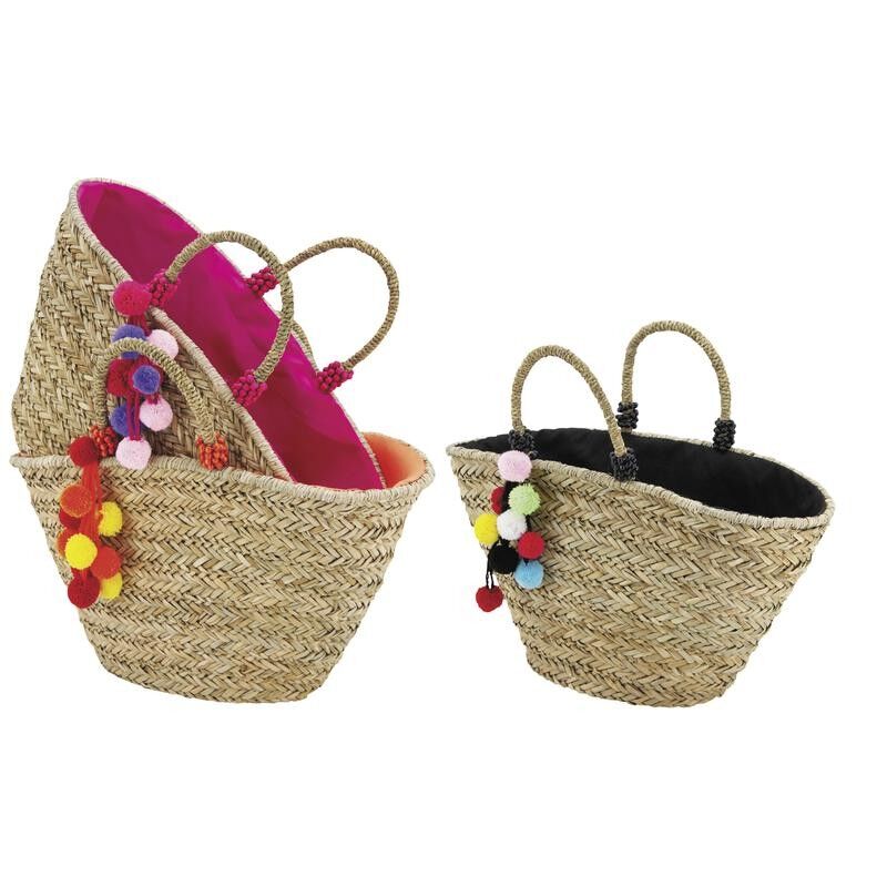 Sac en jonc naturel avec grappe de pompons-SFA2870C