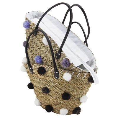Natural rush bag with pompoms-SFA2890C
