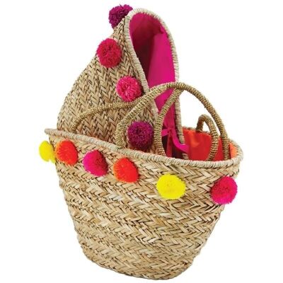 Borsa in giunco naturale con pompon-SFA2910C