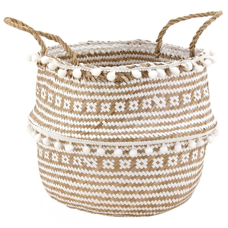 Cesto porta palline in giunco e pompon in carta-SFA3280
