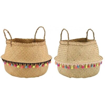 Ball basket in natural rush and cotton Pompoms-SFA3290