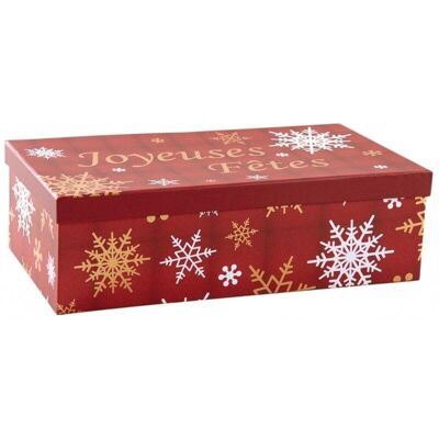 Caja navideña rectangular en cartulina roja con copo de nieve.-VBT3042
