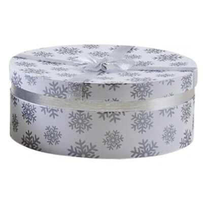 Caja de cartón blanca con decoración de copos de nieve plateados-VBT3071