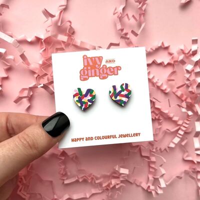 Confetti midi heart studs hand painted wooden earrings