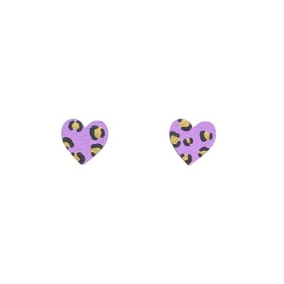Mini leopard print heart lilac and gold hand painted earrings