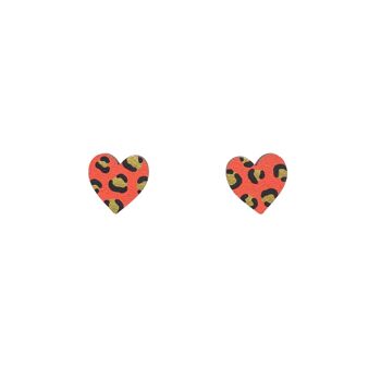 Boucles d'oreilles mini coeur imprimé léopard orange et or peintes à la main 2