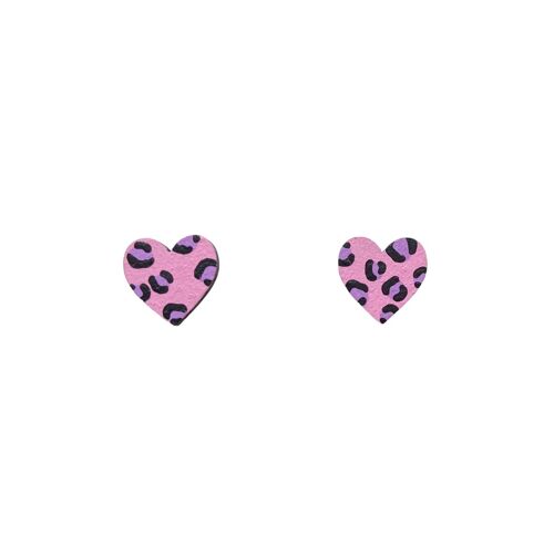Mini leopard print heart pink and purple hand painted earrings
