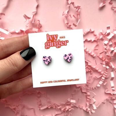 Pendientes mini corazón estampado leopardo rosa y morado pintados a mano