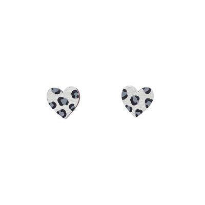 Boucles d'oreilles mini coeur imprimé léopard blanc et gris peintes à la main