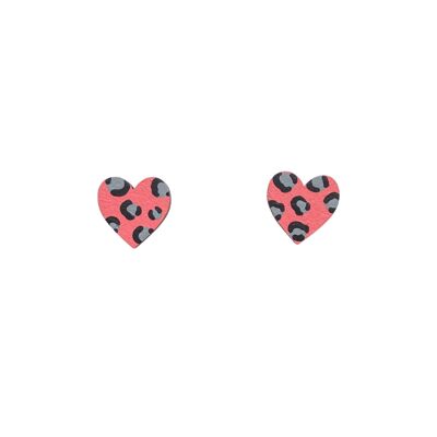 Boucles d'oreilles mini coeur imprimé léopard rose et gris peintes à la main