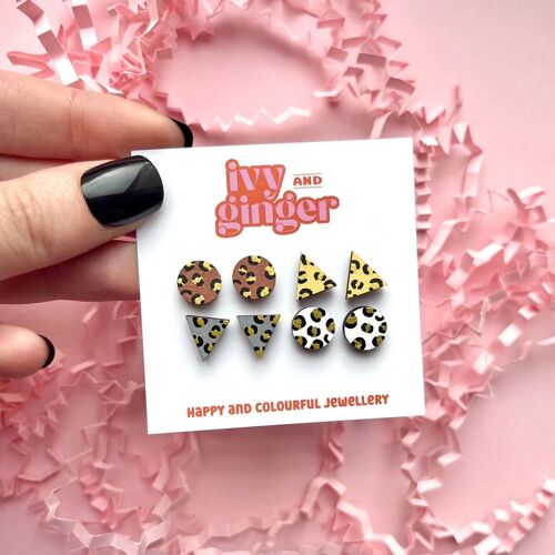 Gold leopard four piece set hand painted wooden stud earrings