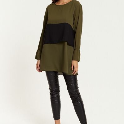 Oversized Crew Neck Colour Block Tunic with Long Sleeves in Khaki & Black