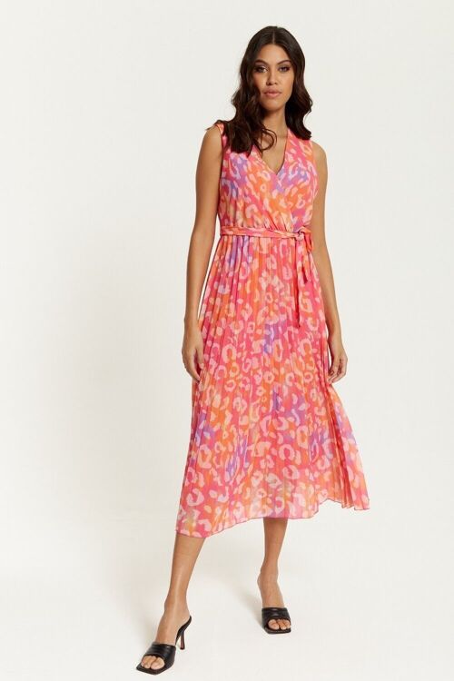 Wrap Front Multi Coloured Lilac and Orange Leopard Print Maxi Dress with Pleat Details in Pink