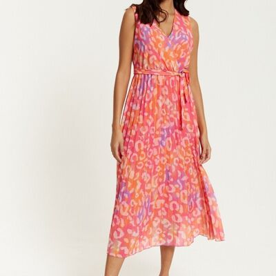 Wrap Front Multi Coloured Lilac and Orange Leopard Print Maxi Dress with Pleat Details in Pink