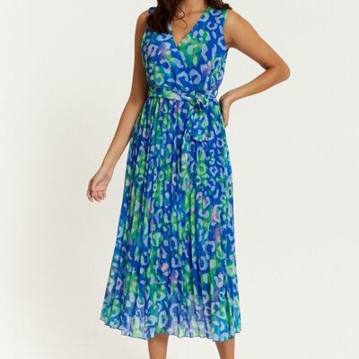 Wrap Front Multi Coloured Green Leopard Print Maxi Dress with Pleat Details in Blue