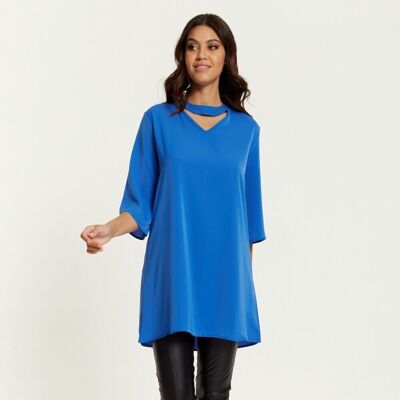 Oversized Detailed Neckline Tunic with 3/4 Sleeves in Blue