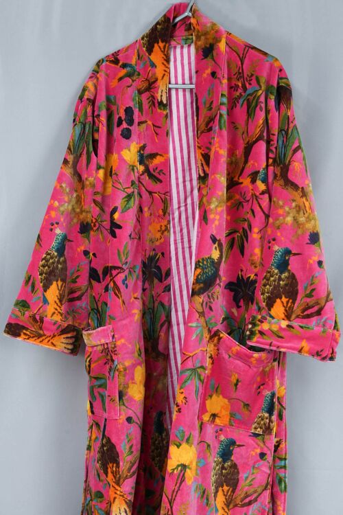 Velvet Pink Tropical Bird Kimono With Lining