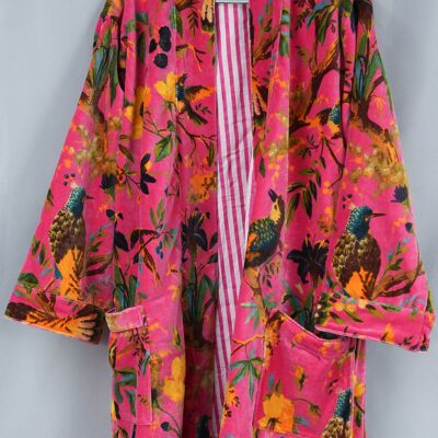 Kimono Terciopelo Rosa Pájaro Tropical Con Forro