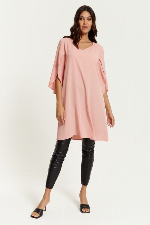 Oversized V Neck Tunic with Split Sleeves in Pink