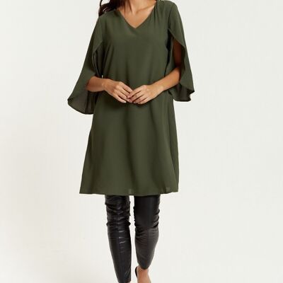 Oversized V Neck Detailed Satin Tunic with Split Sleeves in Khaki