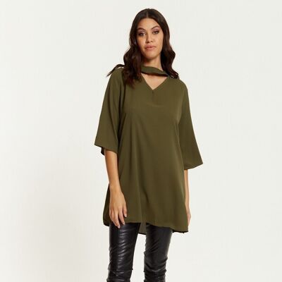 Oversized Detailed Neckline Tunic with 3/4 Sleeves in Khaki