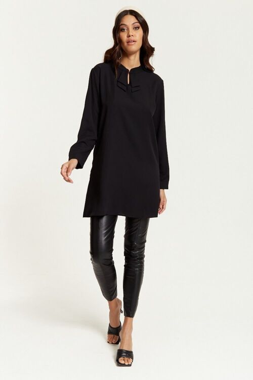 Oversized Crepe Detailed Neck Top with Long Sleeves in Black