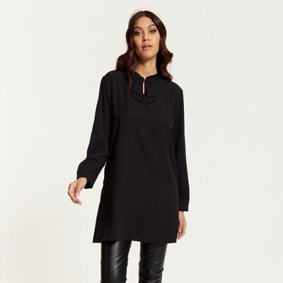 Oversized Crepe Detailed Neck Top with Long Sleeves in Black