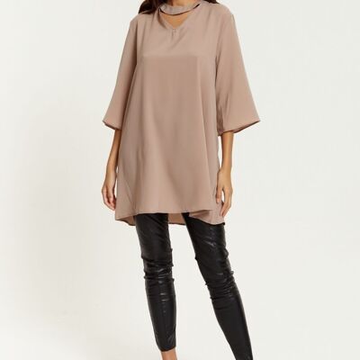 Oversized Detailed Neckline Tunic with 3/4 Sleeves in Beige