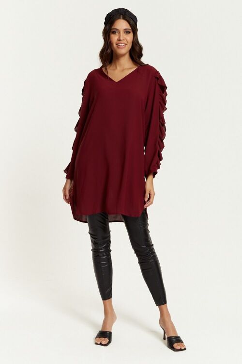 Oversized V Neck Ruffle Sleeves Tunic with  in Burgundy