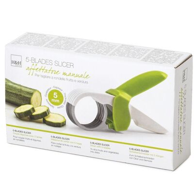 Manual plastic slicer and stainless steel blade in white and green color. Manual slicer equipped with 5 sharp stainless steel blades with a maximum diameter of 5 mm.