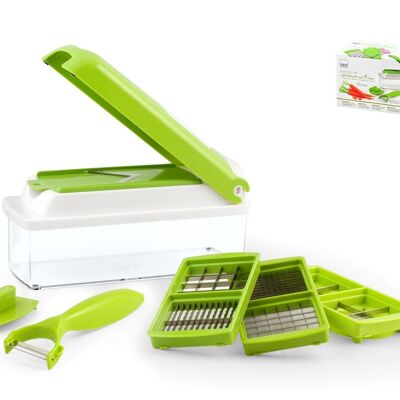 Green Line 13-piece plastic slicer with container. Consisting of: 9 stainless steel blades for cutting, slicing and shredding fruit and vegetables; 1 finger guard; 1 double use peeler