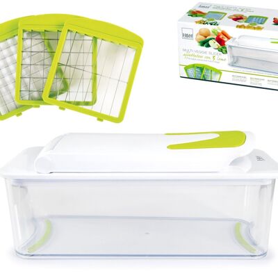 Plastic slicer 3 blades Green Line. Consisting of: 3 interchangeable stainless steel blades with 10x10 mm, 15x15 mm, 10x45 mm holes; non-slip base; binder; comb to clean