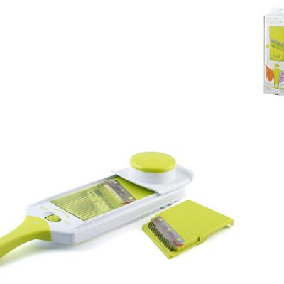 Plastic slicer 2 stainless steel blades with green finger guard. Equipped with 2 interchangeable stainless steel blades, one smooth blade and one for julienne cut. Cutting thickness adjustable from 1 to 5 mm. Non-slip handle and base.