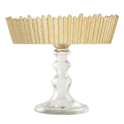 Celebration stand with foot in glittered glass in gold color 20 cm.