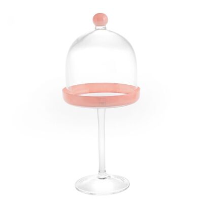 Soporte para tartas de cristal con cúpula de borde rosa 14 cm Altura 35 cm