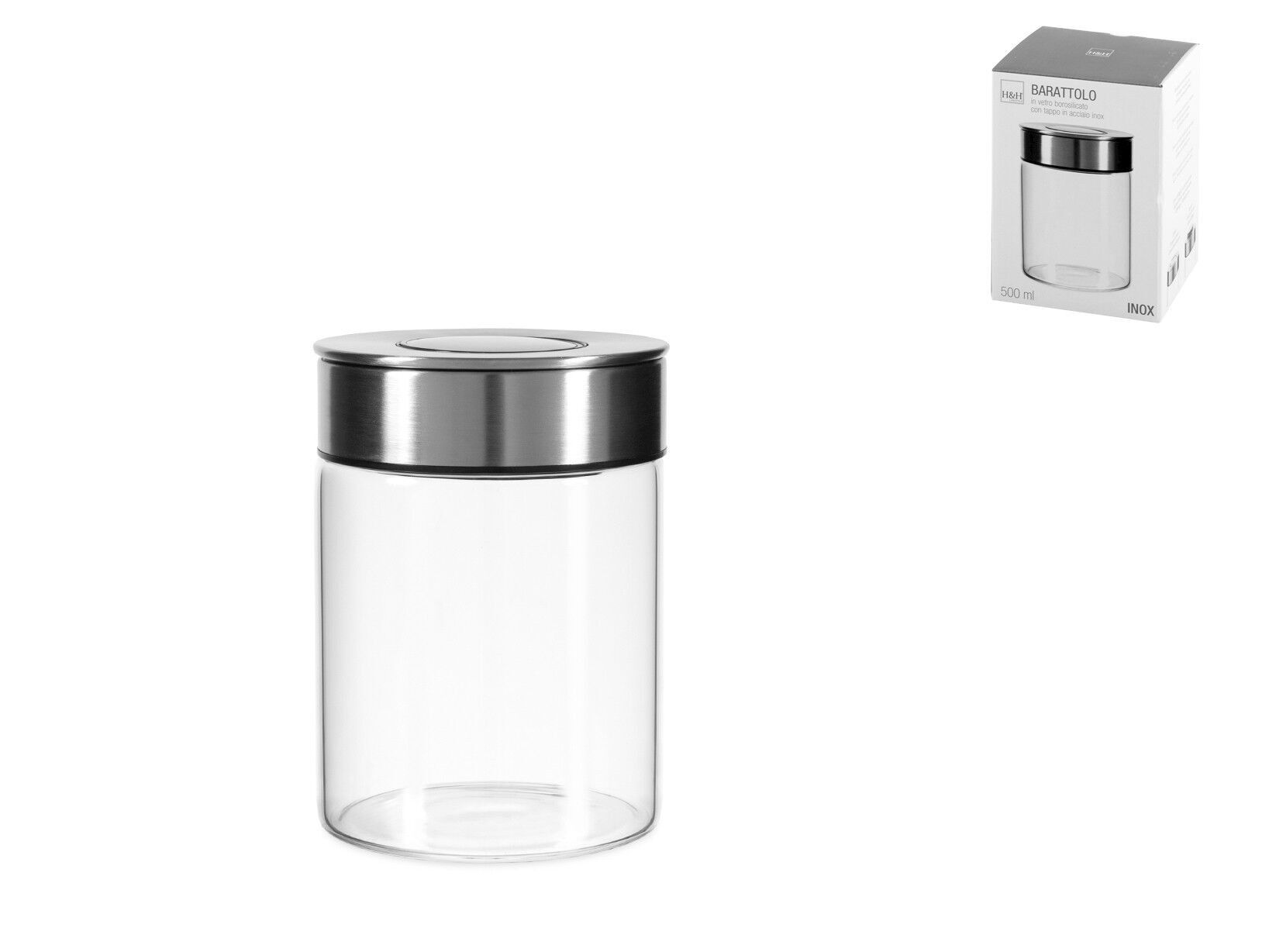 Barattolo in vetro borosilicato, con tappo in acciaio inox e pratico sistema apri/chiudi cl 0,5.