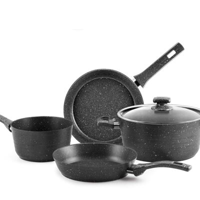 5-piece Zenith battery in non-stick coined aluminum. Composed of: 1 saucepan 2 handles cm 36x24x11.5 h; 1 saucepan 1 handle cm 32x16x9 h; 1 pan cm 43x24x4.5 h; 1 pan 36x20x4.5 h cm; 1 glass lid cm 25x6 h