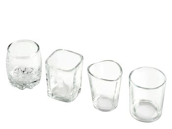 Petit verre happy hour en verre transparent aux formes assorties (rond, carré, coeur, convexe) cm 5x6 h; vendable en 8