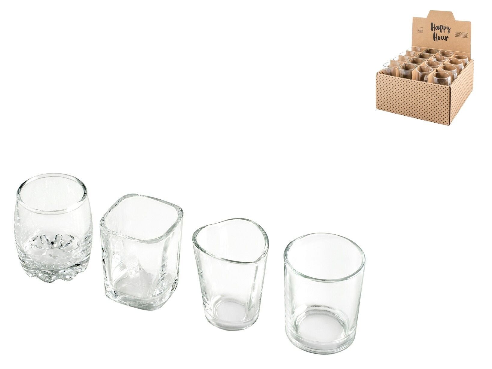 Bicchierino Happy hour in vetro trasparente con forme assortite (tondo,quadrato,cuore,bombato) cm 5x6 h; vendibile in