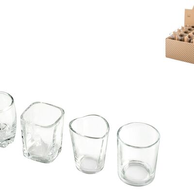 Bicchierino Happy hour in vetro trasparente con forme assortite (tondo,quadrato,cuore,bombato) cm 5x6 h; vendibile in