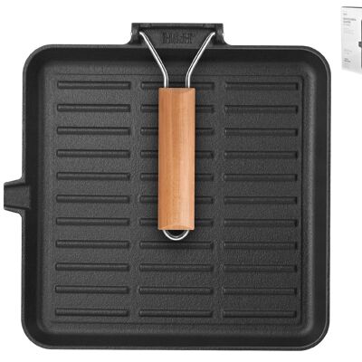 Square cast iron grill with 1 wooden handle 28 cm