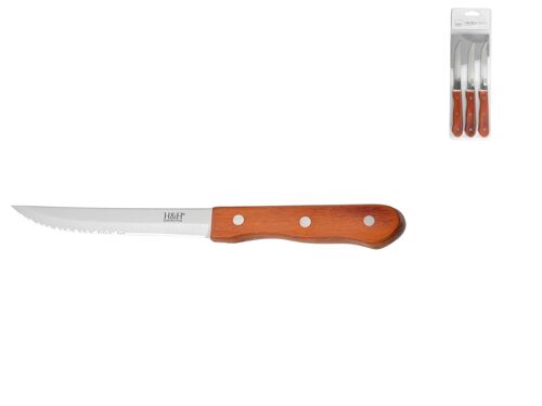 Blister 3 coltelli tavola Wood&Steel in acciaio inox con punta seghettata e manico in legno